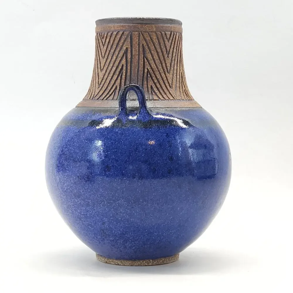 Studio‎ Art Pottery Flower Vase Blue Folk Art Rustic Signed Chohlidakis USA 8